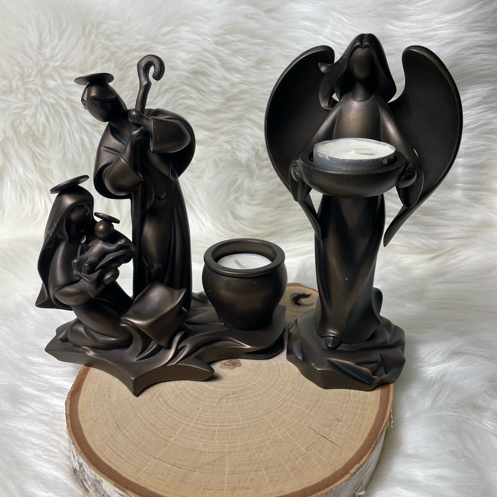 PartyLite Holy Night Angel Nativity Bronze Tealight Candle Holders